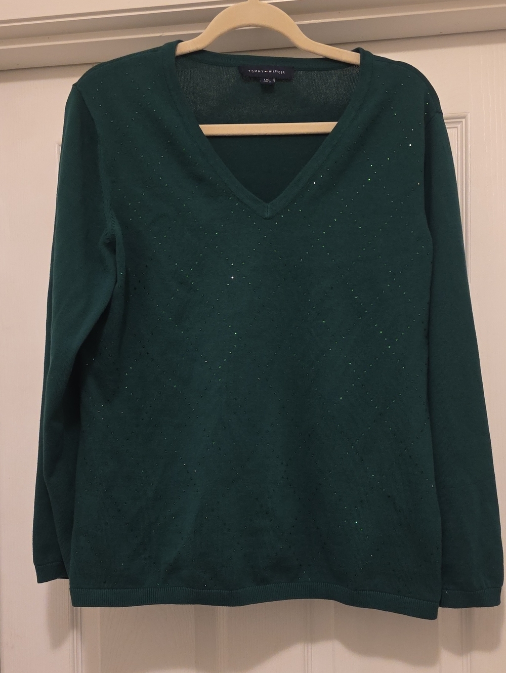 Tommy Hilfiger Deep Teal V-Neck Sweater with Subtle Sparkle